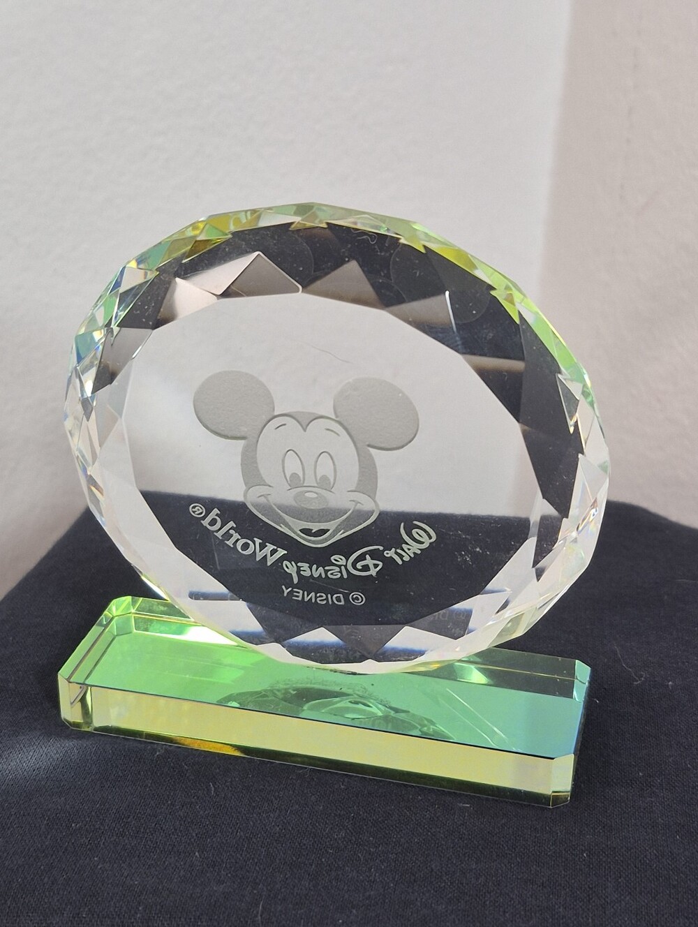 Walt Disney World Mickey Mouse Faceted Etched Crystal Paperweight Dichroic Base